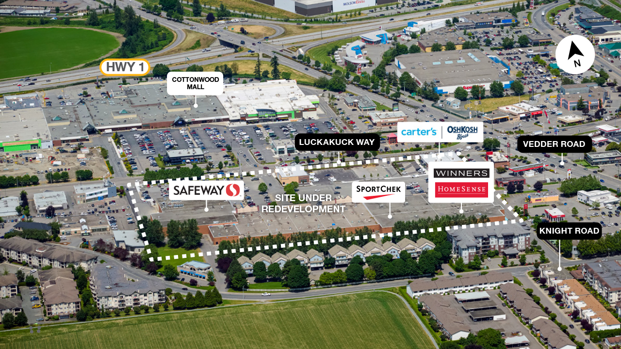 Property map of the SmartCentres Chilliwack shopping centre showing accessibility to the Trans-Canada Highway