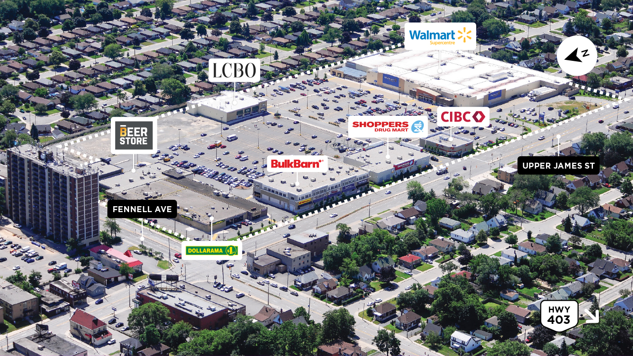 Property map of SmartCentres Hamilton South showcasing highway accessibility and main retail shops