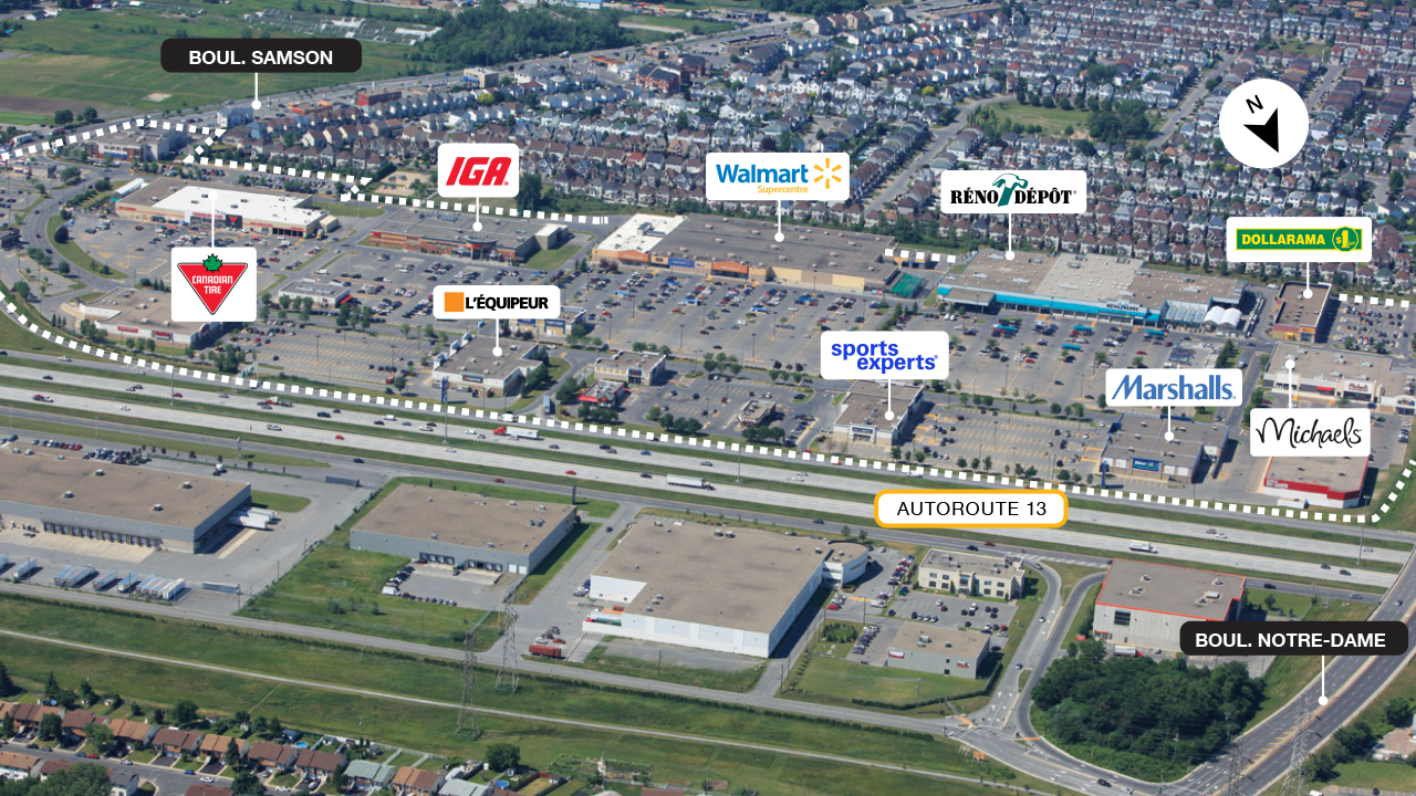 Property map of SmartCentres Laval West shopping center with frontage and access to Autoroute 13