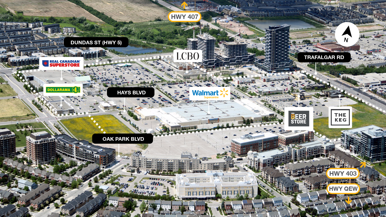 SmartCentres Oakville North property map detailing prime highway access to the QEW, 403 and 407