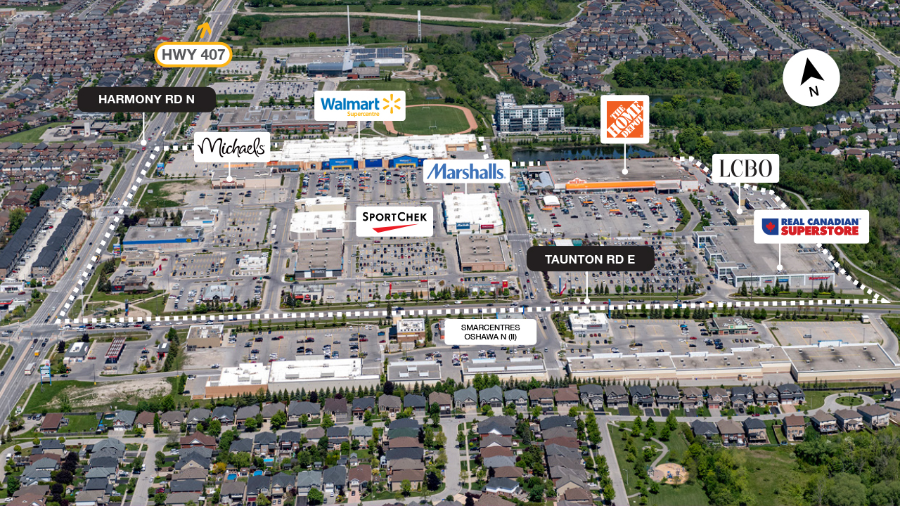 SmartCentres Oshawa North property map showing highway accessibility to the 407