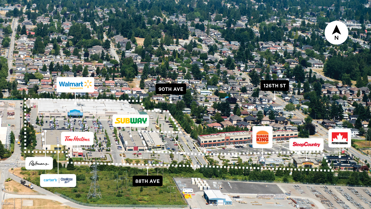 Property map of SmartCentres Surrey West highlighting main retail stores and services