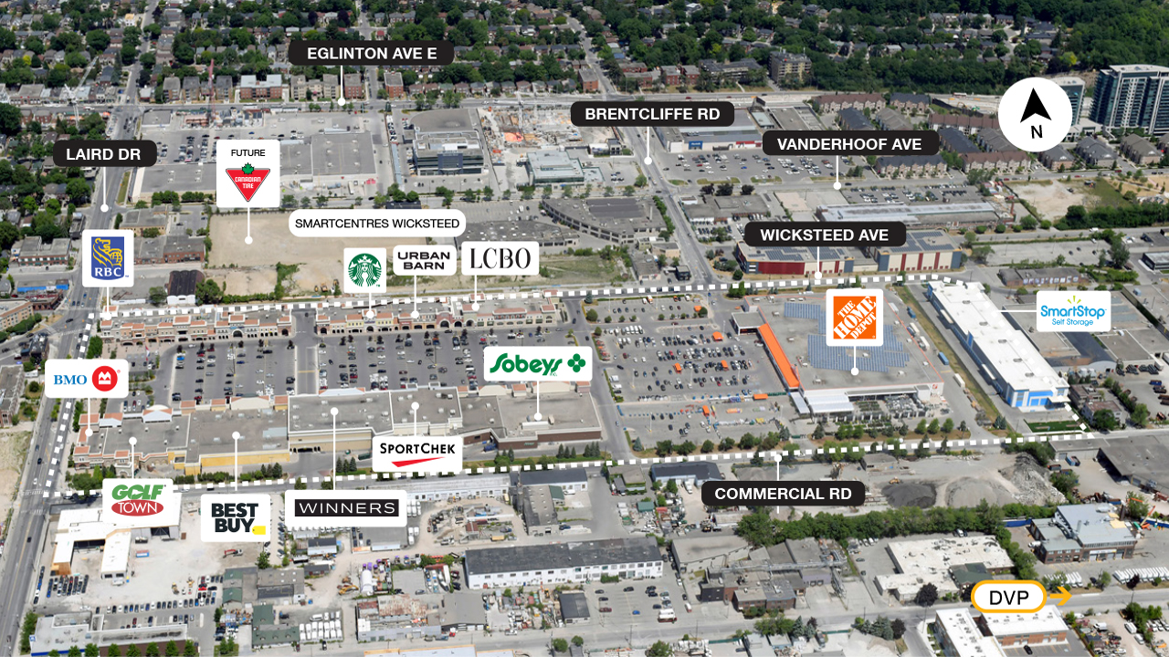 Property map of SmartCentres Leaside shopping center outlining acessibility to major city streets and the DVP