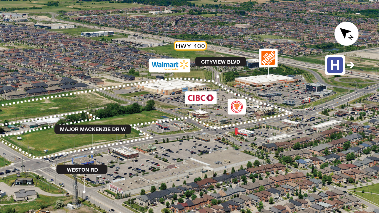 SmartCentres Vaughan Northwest property map highlighting easy access to Highway 400 and major city streets