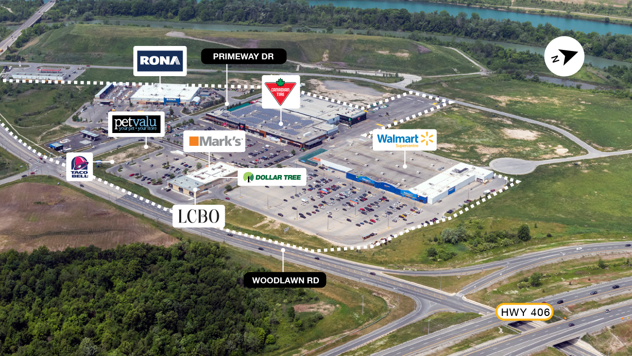 SmartCentres Welland property map highlighting prominent retail stores in the shopping center 