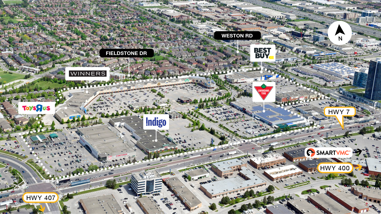 SmartCentres Westridge property map showing connectivity to three major GTA highways in Vaughan