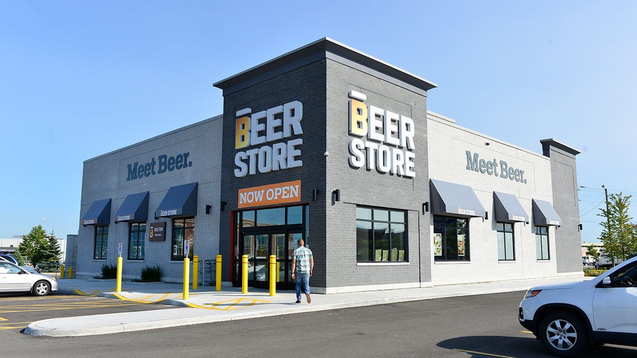Close up image of The Beer Store at an open-air shopping center in Bolton, Ontario with available retail space for lease 