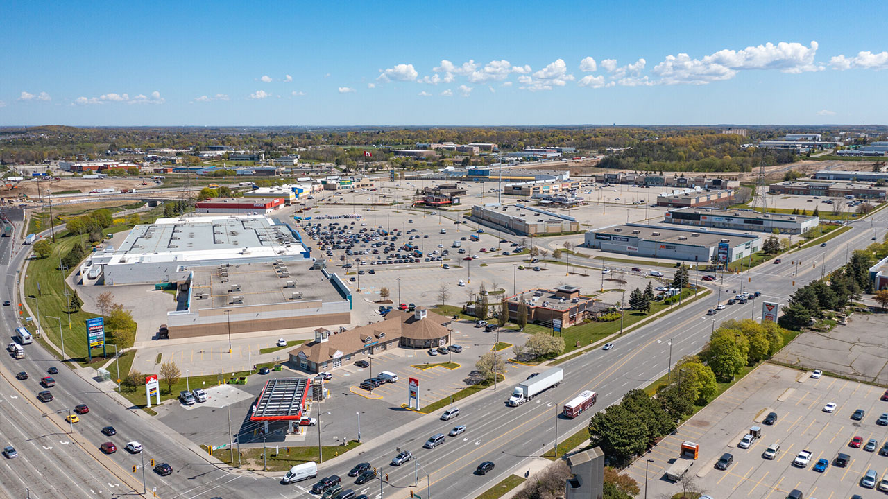 Aerial image of the SmartCentres Cambridge shopping center with vacant business retail space for lease
