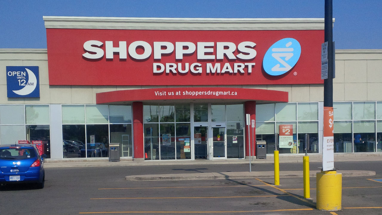 Image of an open-late pharmacy at the SmartCentres Hamilton South shopping centre