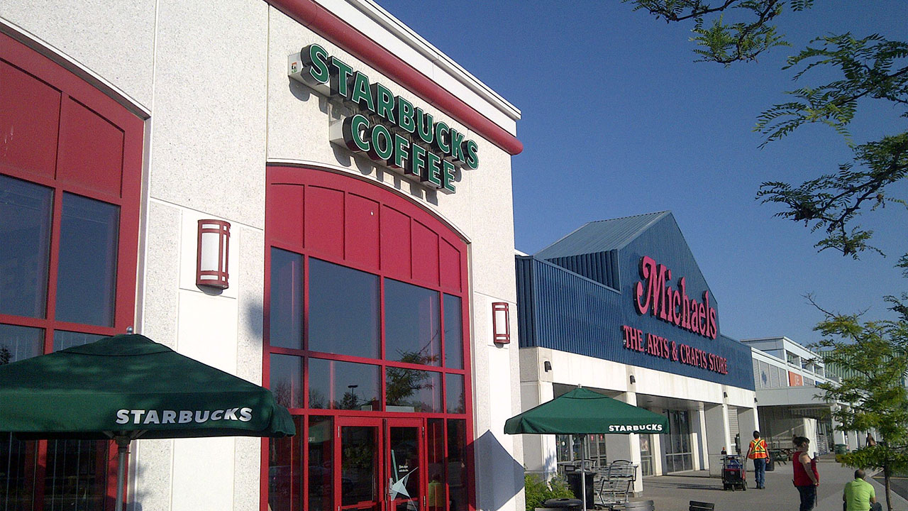 Image of a Starbucks coffee shop at an open-air retail space in Ottawa, Ontario